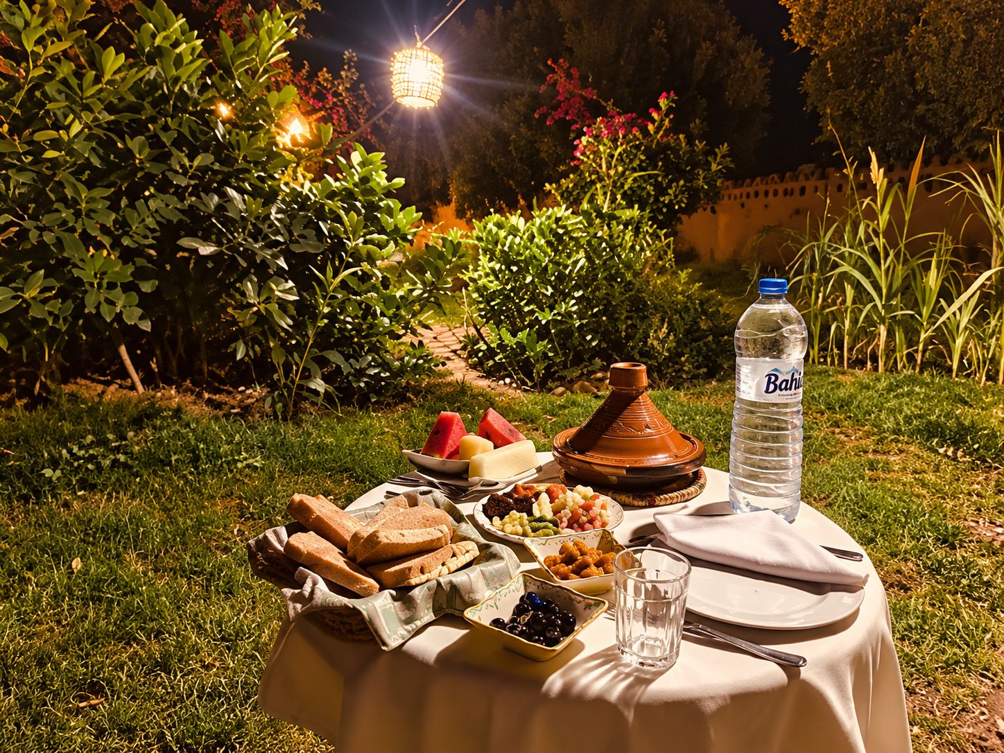 An outdoor dining setup with a table, food, a water bottle, and a traditional clay pot.