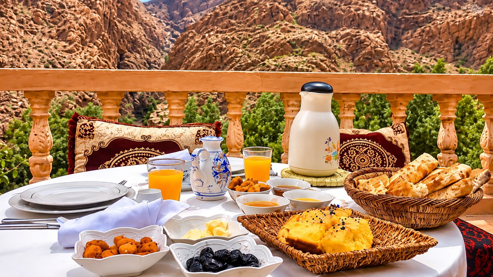 Mesa posta para o café da manhã, com diversos alimentos e vista para o terreno rochoso.