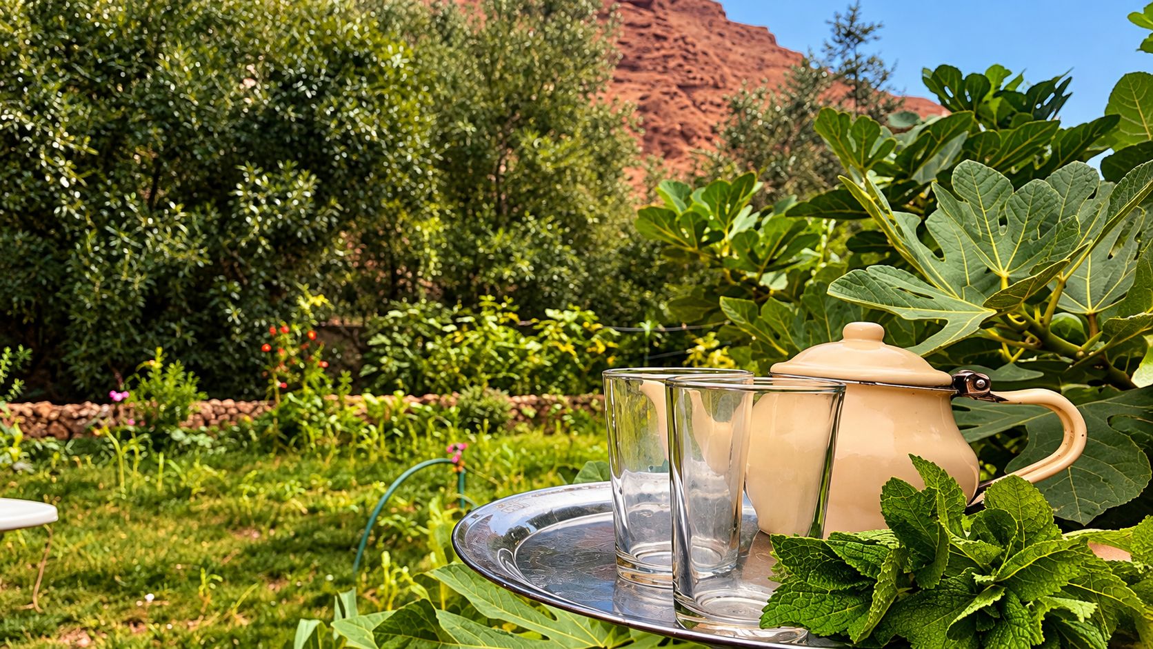 Ambiente de jardim com bule e copos em um tabuleiro, cercado por vegetação e uma formação rochosa vermelha ao fundo.