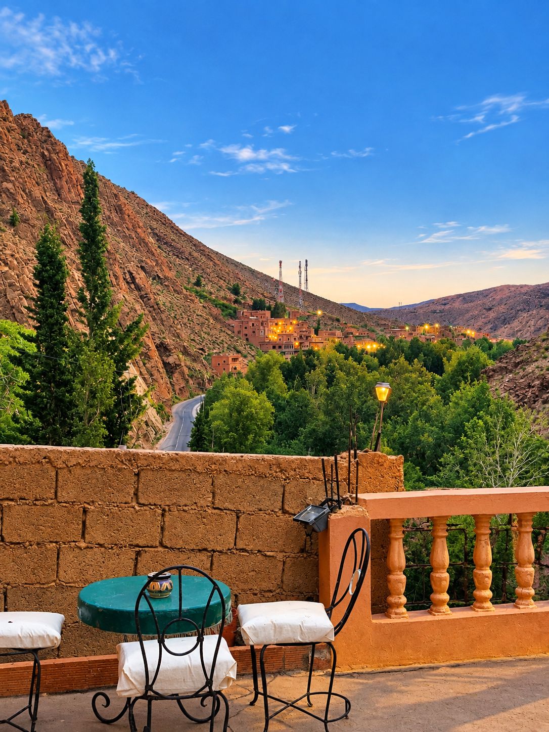 A terrace with a table and chairs, overlooking a mountainous landscape with a village in the distance.