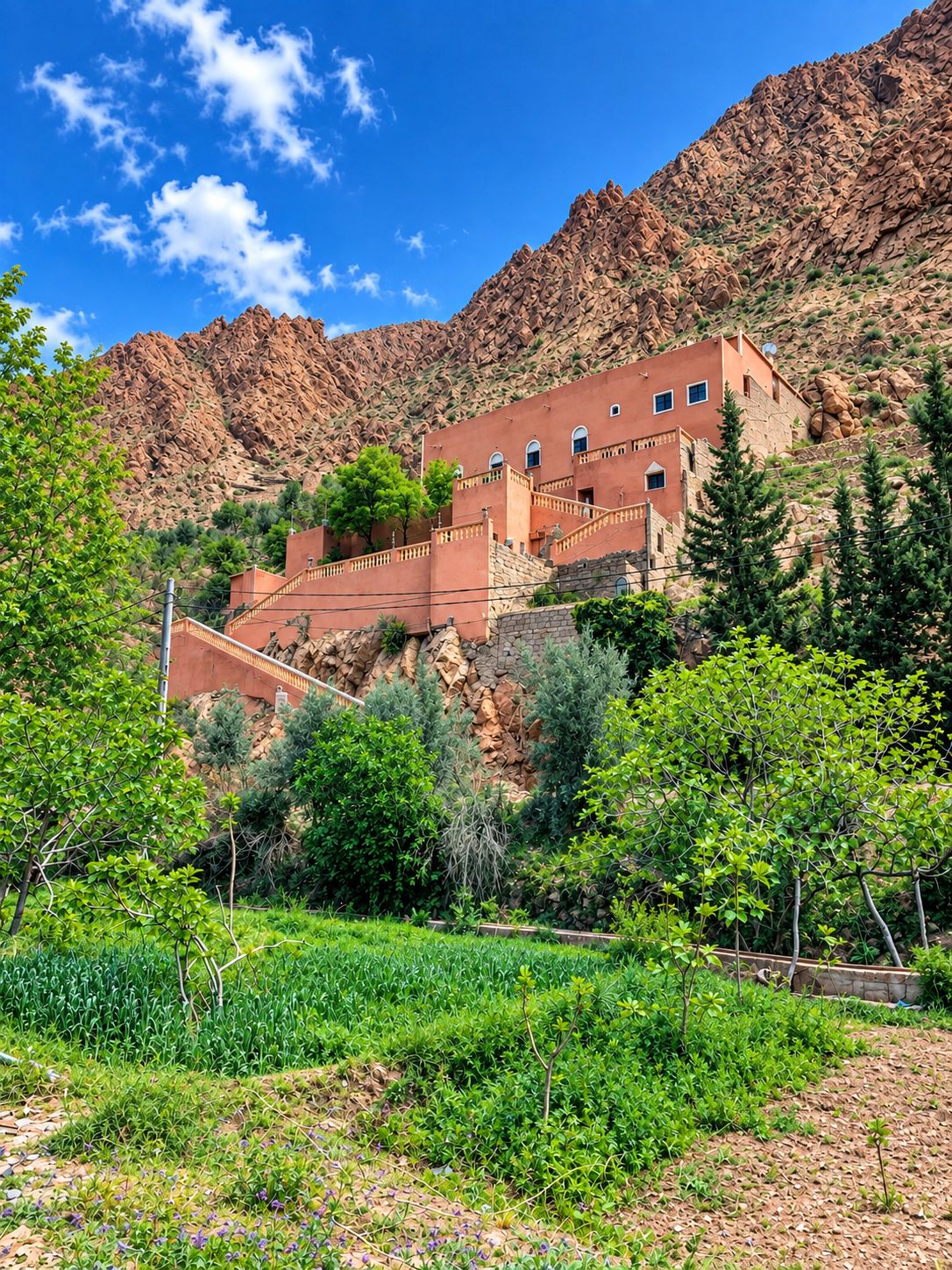 Un bâtiment traditionnel à plusieurs étages, entouré d’une végétation luxuriante et adossé à un paysage montagneux.
