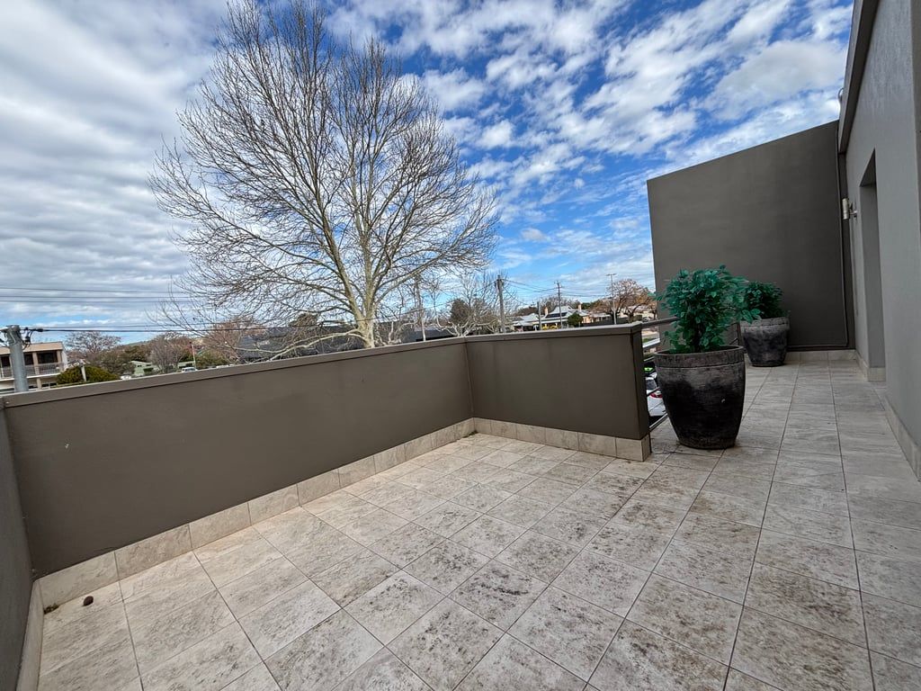 Une terrasse sur le toit offrant une vue sur la ville, avec un arbre et des plantes en pot.