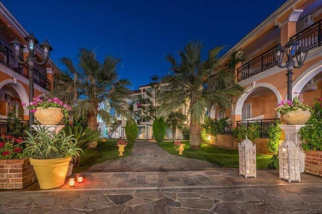 A courtyard with a stone pathway, palm trees, and potted plants.