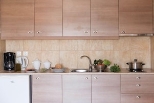 Una cocina con armarios de madera clara, un lavamanos de acero inoxidable y varios electrodomésticos.
