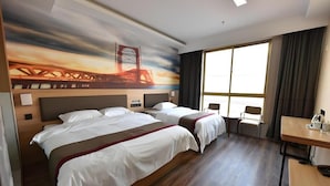 A hotel room with two beds, a desk, and a large window. - Thank Inn Plus Hotel Shandong Zaozhaung Xuecheng District Wanda Plaza (Zaozhuang)