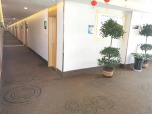 Ein Hotelkorridor mit Türen, Blumentöpfen und einer Wand mit einem gerahmten Schild.