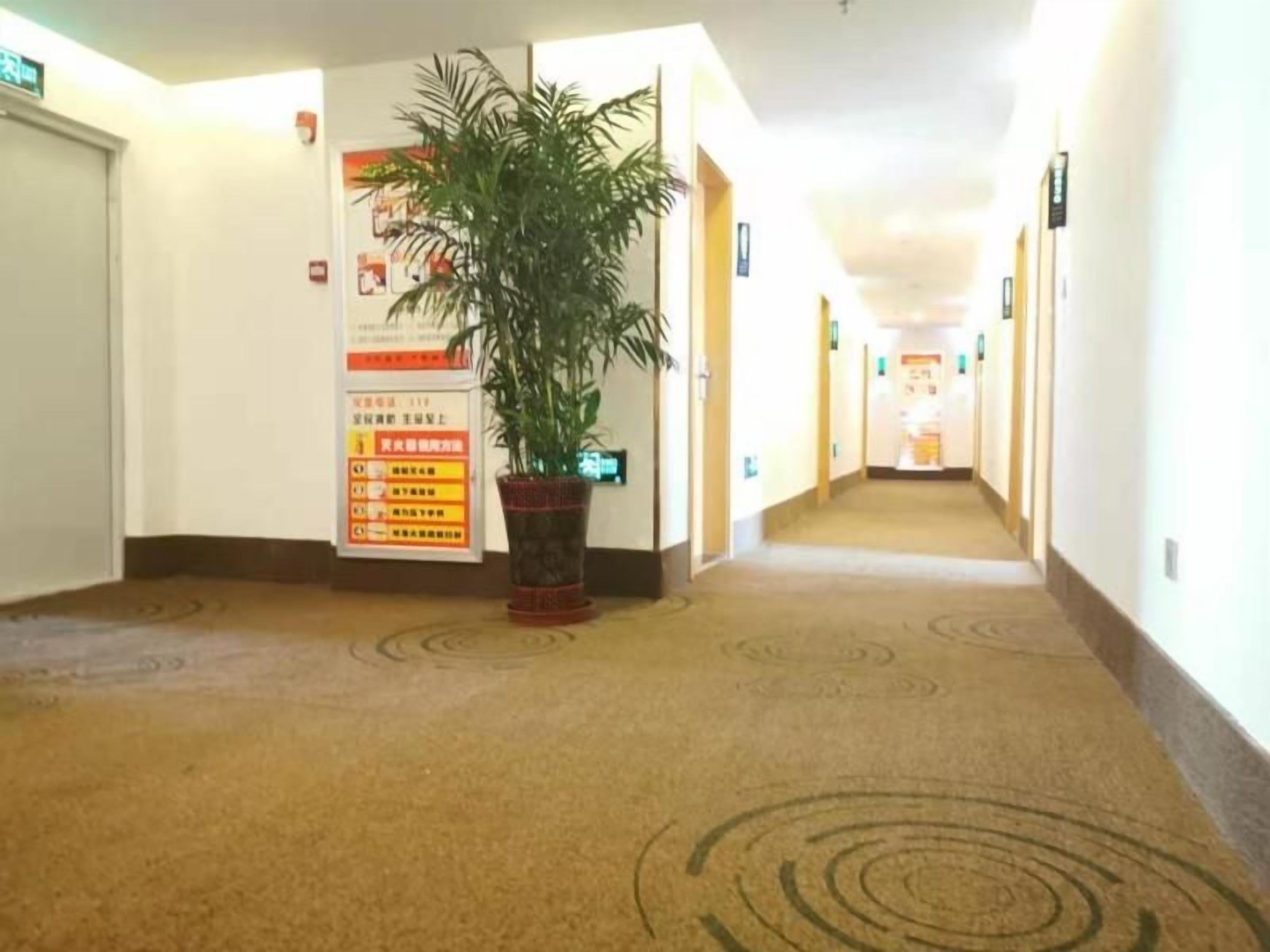 A hotel corridor with a plant, a directional sign, and a poster on the wall.