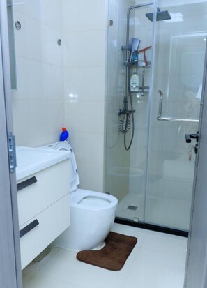 A bathroom with a toilet, a glass shower enclosure, and a white sink with a mirror. - Cozy 1-bedroom apartment in charming Nairobi with a city view (Nairobi)