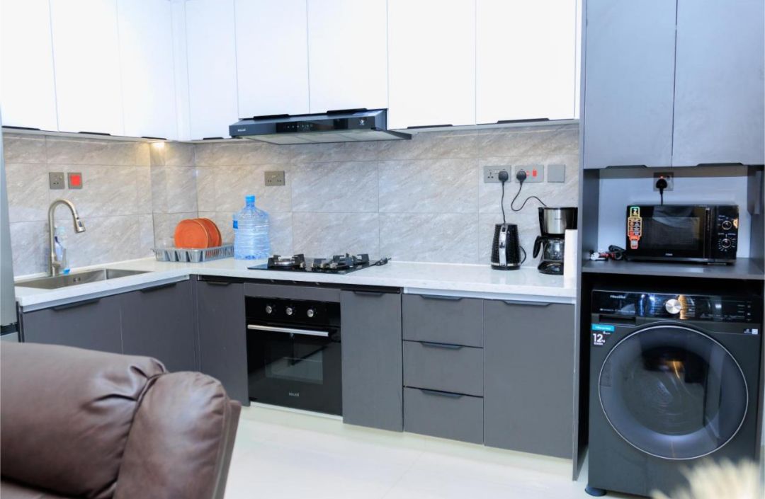 A compact kitchen with a dishwasher, microwave, and a built-in washing machine.