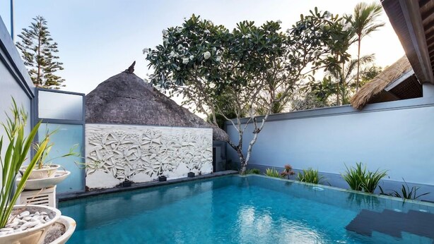 A swimming pool with a stone wall and a thatched-roof structure.