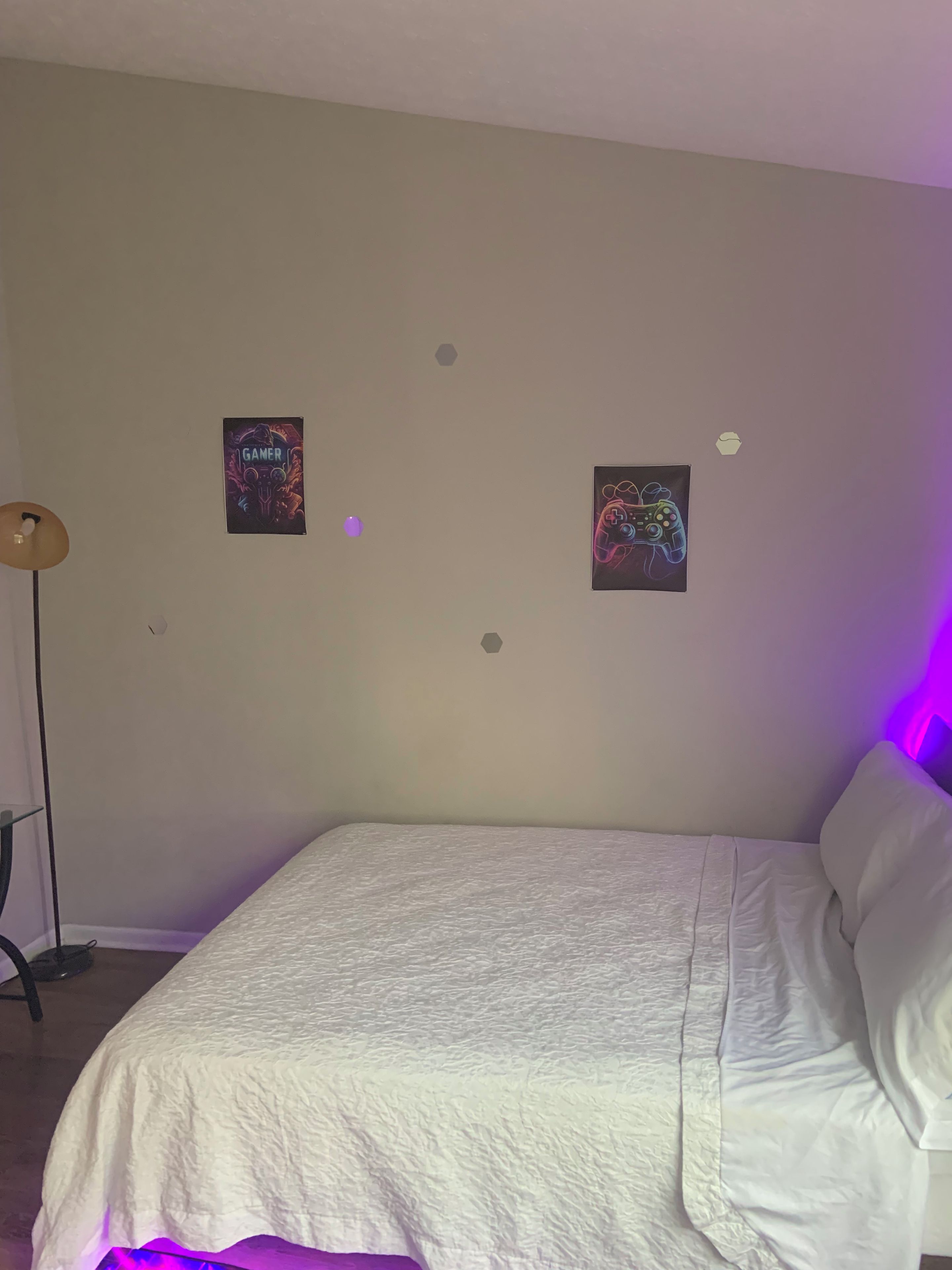 Un dormitorio con cama, dos carteles en la pared y una lámpara de pie.
