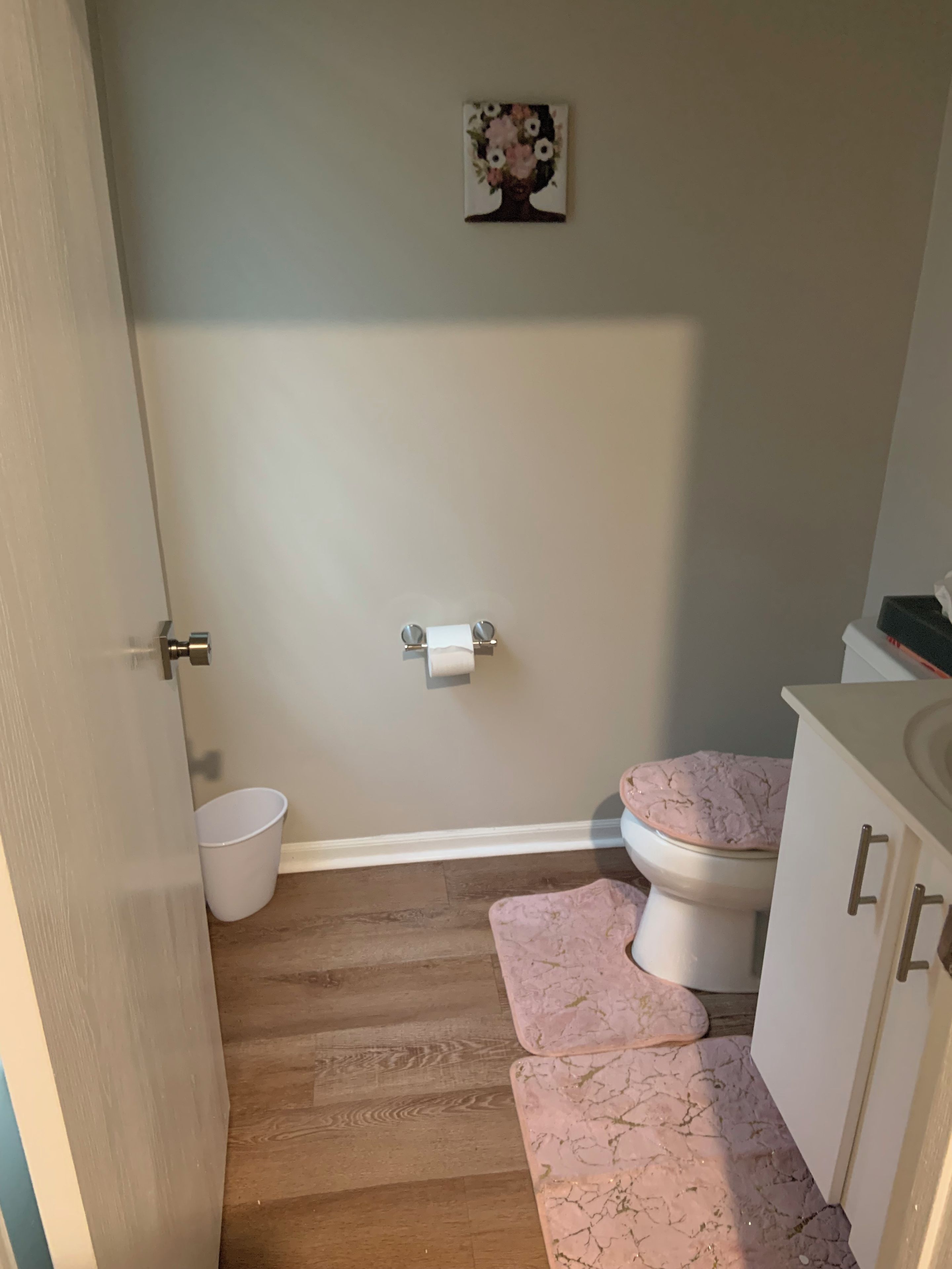 A bathroom with a toilet, a roll of toilet paper, a white bucket, and a pink mat on the floor.