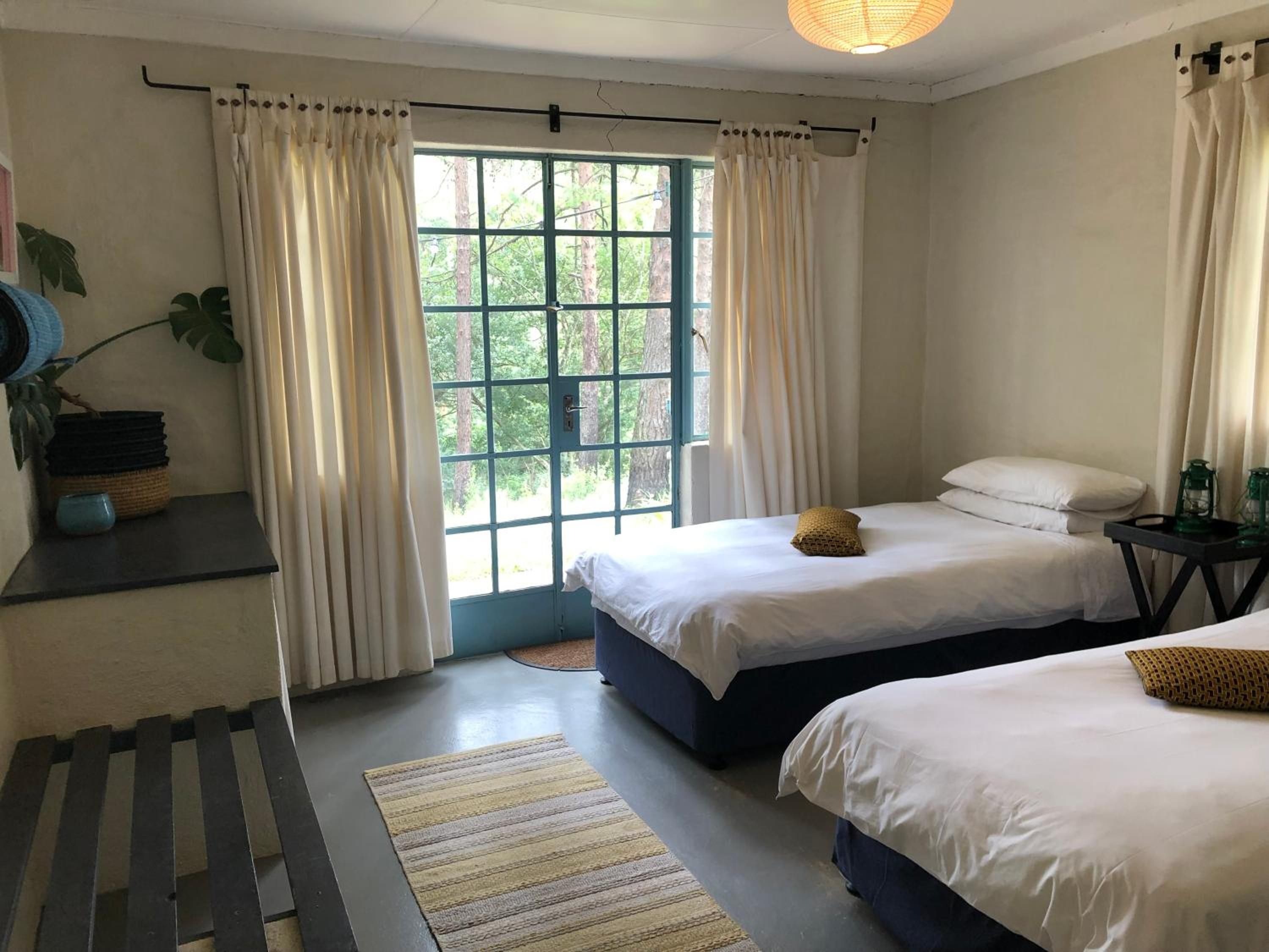 A bedroom with two beds, a window with curtains, a bedside table with a lantern, and a plant on a shelf.