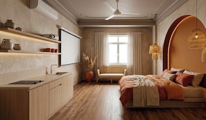A bedroom with a bed, bedside table, and a window with curtains. - DAIGA HOME 2 (Hung Phu)