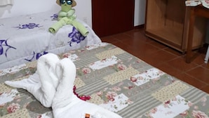 Quarto com cama, guarda-roupa de madeira, porta e um quadro na parede.