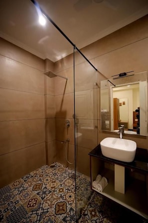 A bathroom with a shower, a sink, and a mirror. - Arti's Homestay (Agra)