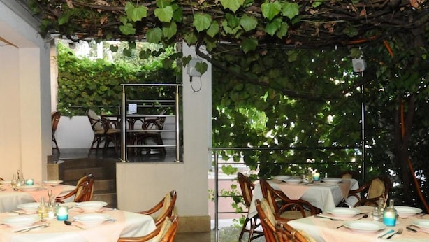 Un área de comedor al aire libre con mesas y sillas, cubierta por una pérgola adornada con enredaderas.