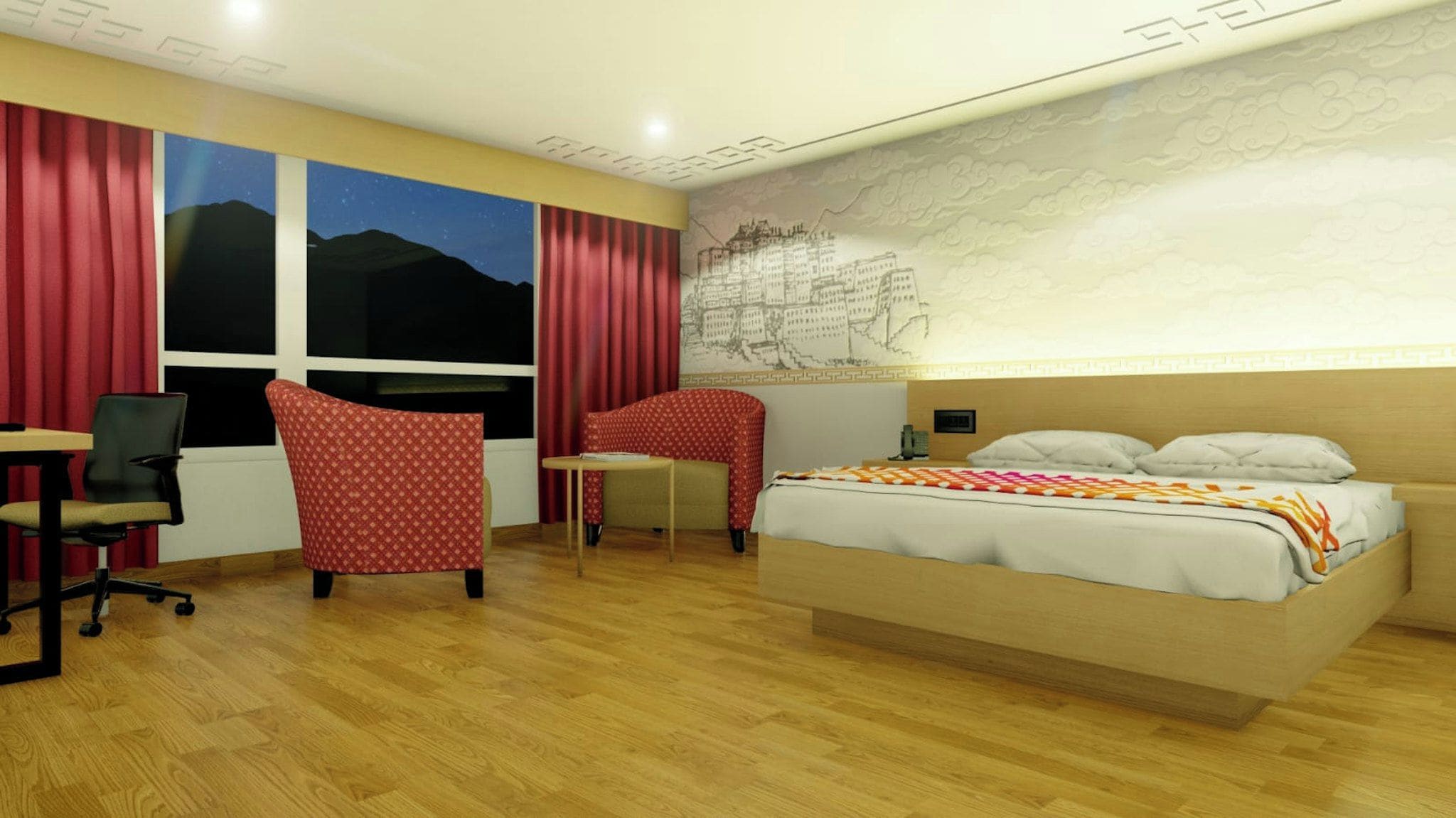 Une chambre d’hôtel avec un lit, deux chaises, un bureau et une grande fenêtre avec des rideaux.