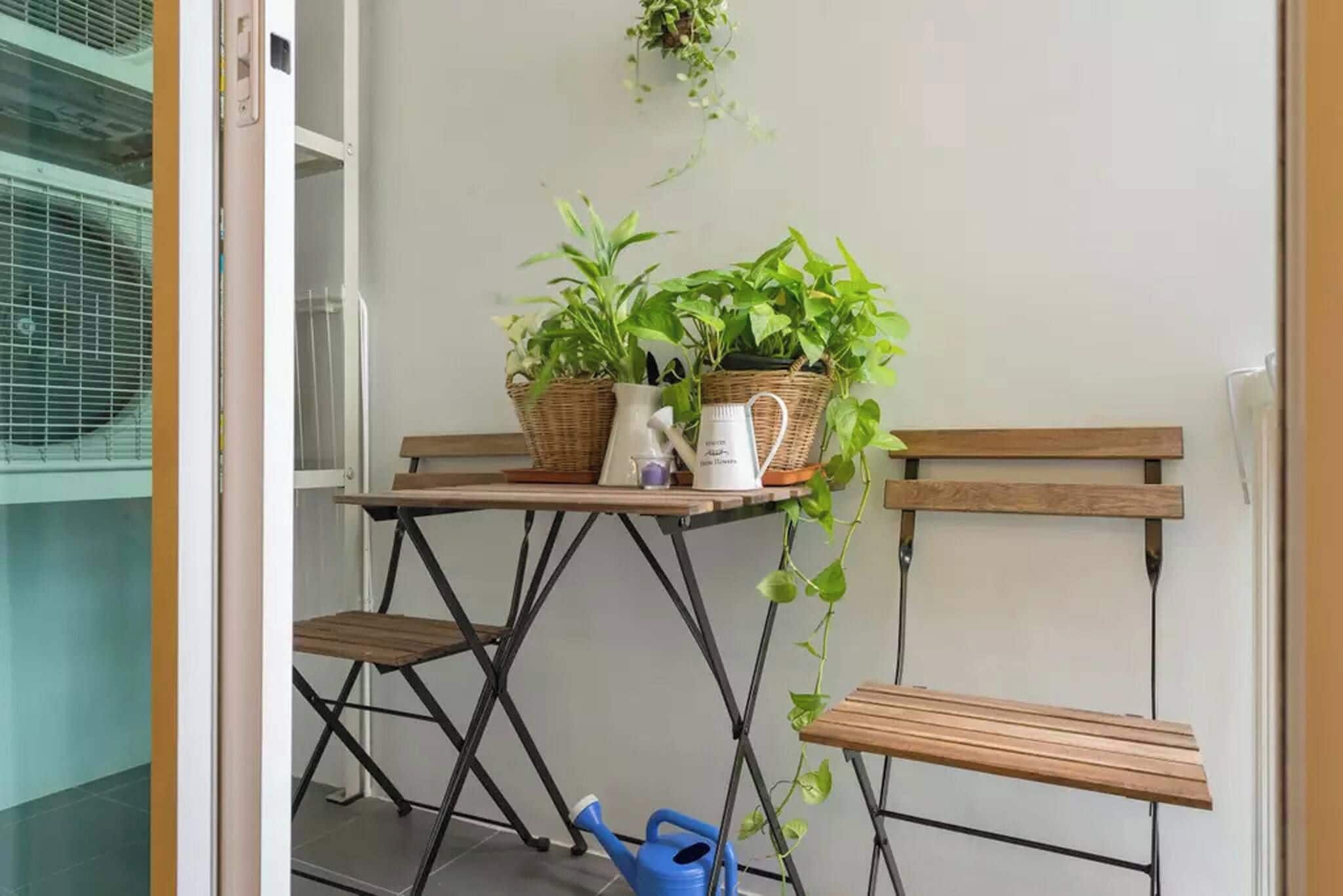 A small outdoor seating area with a table, two chairs, and potted plants.
