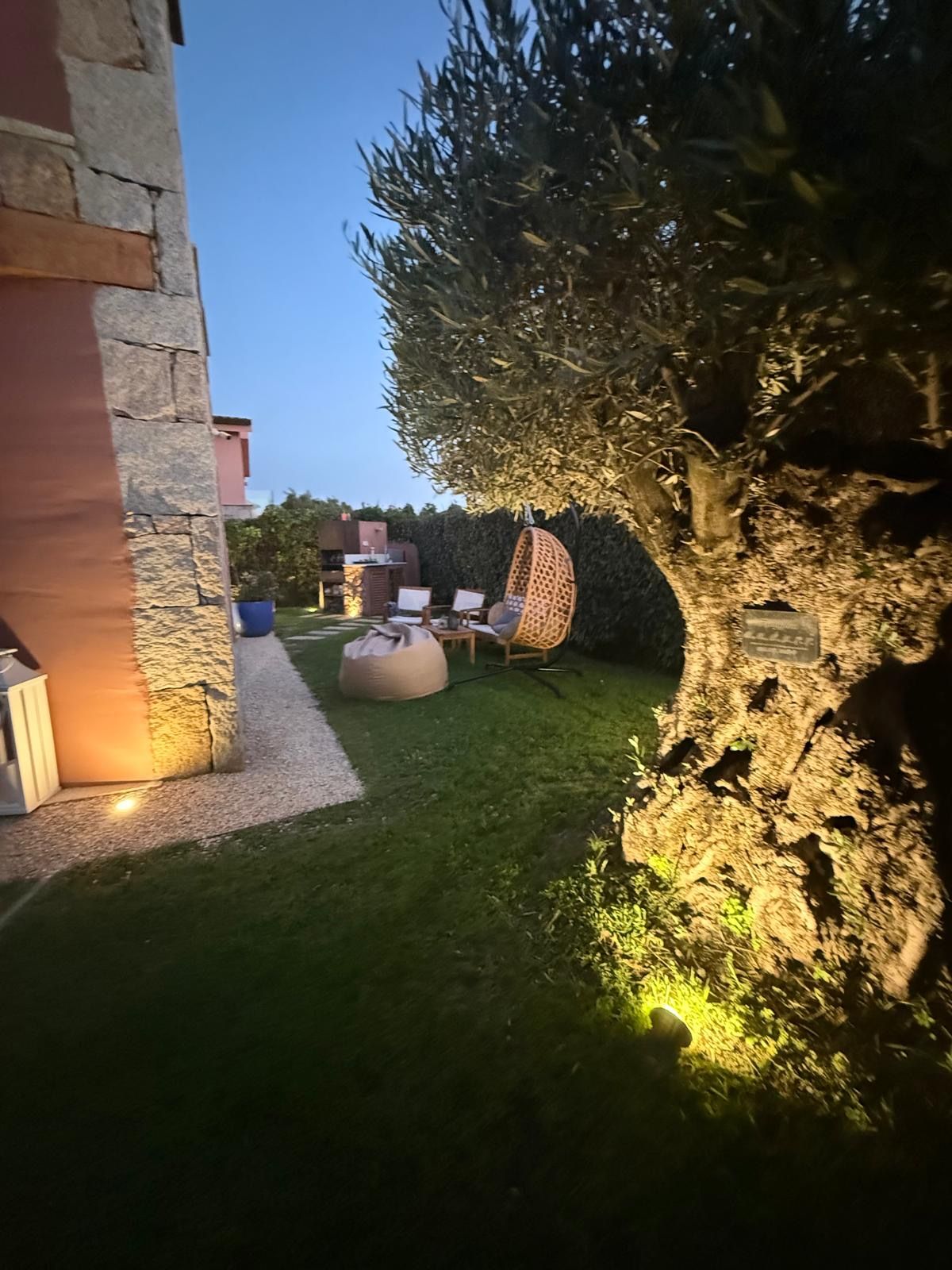 A garden with a stone wall, a tree, and outdoor furniture including a chair and a table.