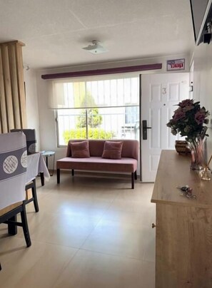 A room with a sofa, a wooden table, and a door with a window.