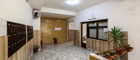 A hallway with a tiled floor, a wooden door, a mirror, and a potted plant.