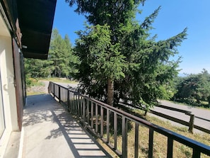 A covered outdoor walkway with a wooden railing, surrounded by trees and a clear sky.