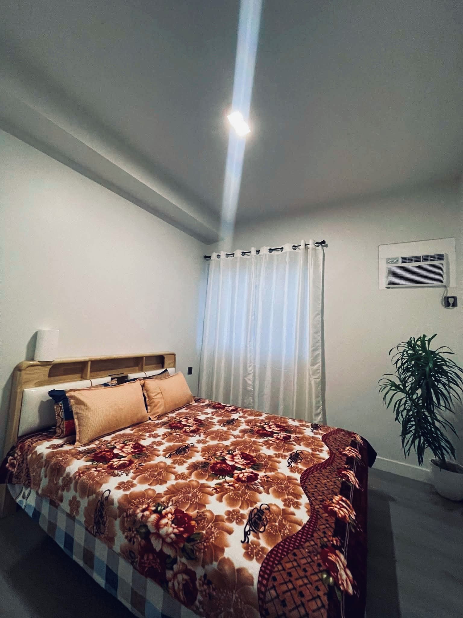 A bedroom with a bed, a bedside table, a plant, and a window with curtains.