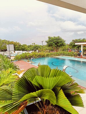Una piscina con vista a un edificio que dice 'DAVIES', rodeada de abundante follaje.