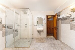 Un baño con cabina de ducha de vidrio, un lavamanos y una puerta de madera.