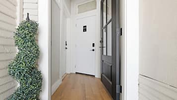 A hallway with a white door, a dark-framed door, and a green plant.