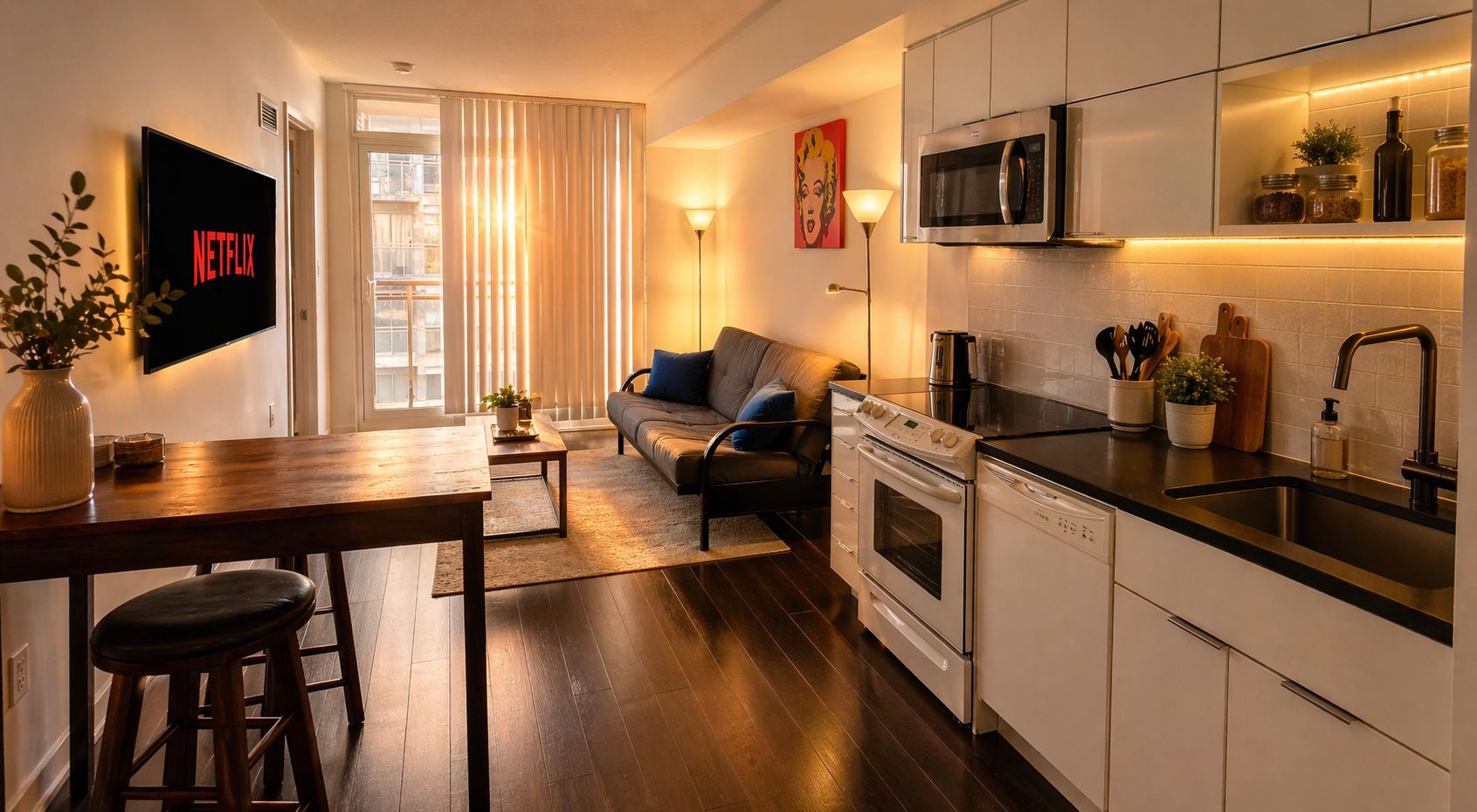 A modern kitchen with a microwave, oven, and sink, a dining area with a table and chairs, a sofa, and a TV displaying 'NETFLIX'.