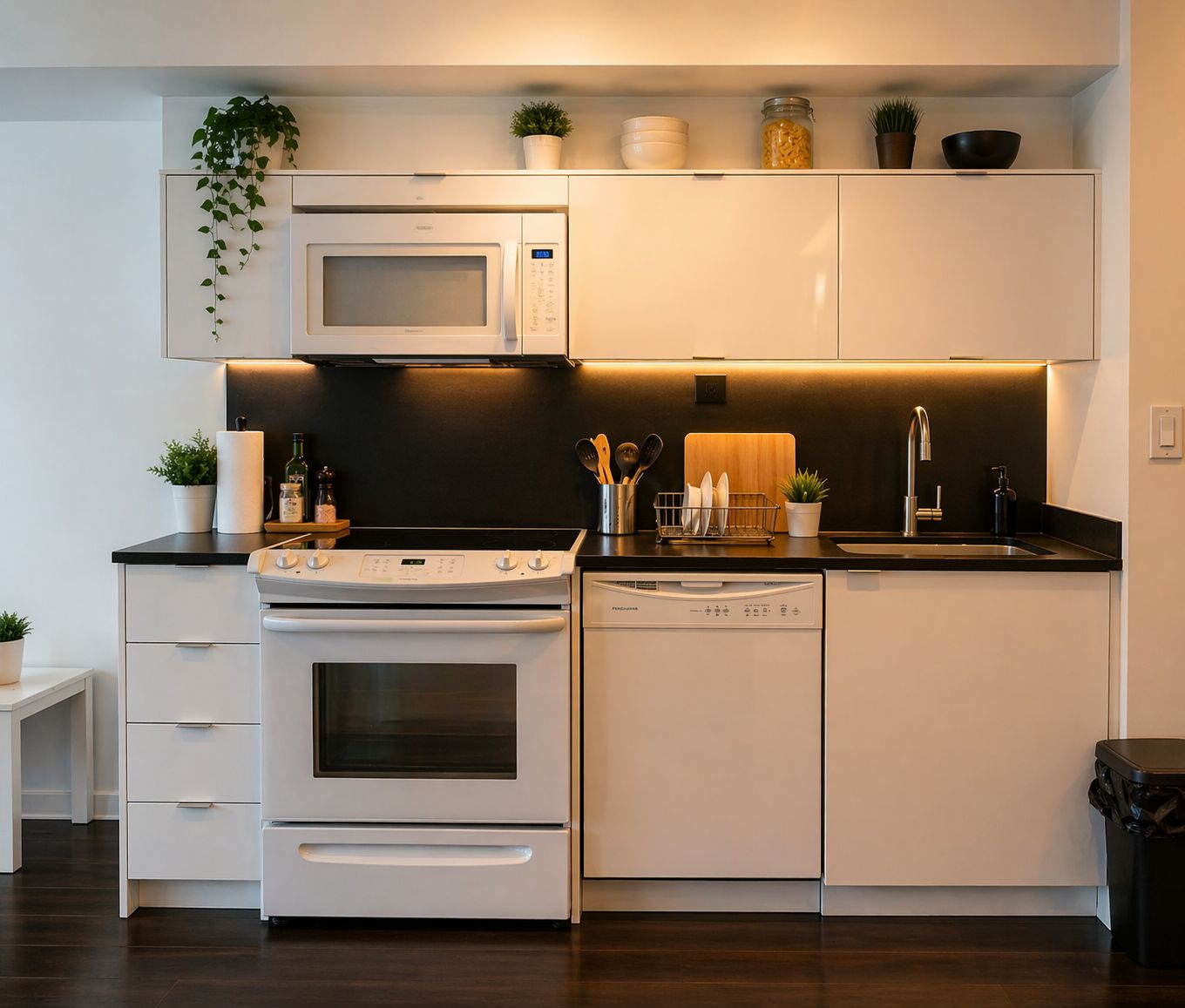 A modern kitchen with white cabinetry, a microwave, stove, and dishwasher.