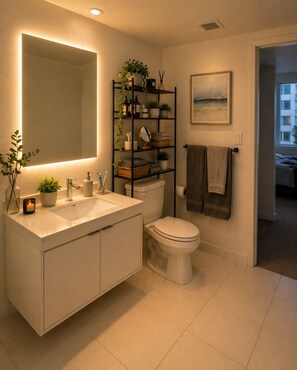 Un baño moderno con un espejo grande, lavamanos blanco y un inodoro. Hay un estante con artículos de aseo y un cuadro en la pared.