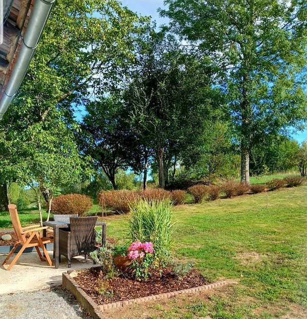 An outdoor seating area with a table and chairs, surrounded by a garden with various plants and a small tree.