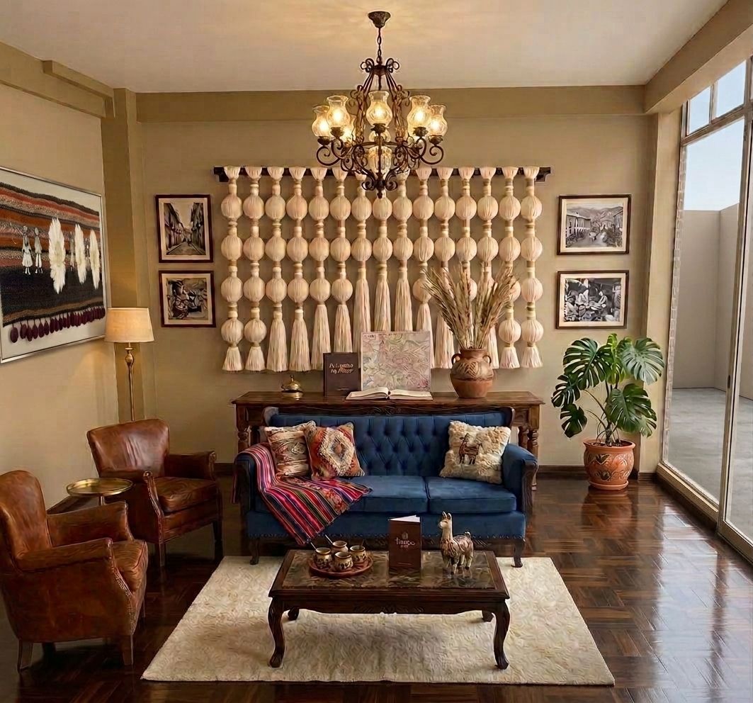 A living room with a blue sofa, leather armchairs, a coffee table, and a chandelier.