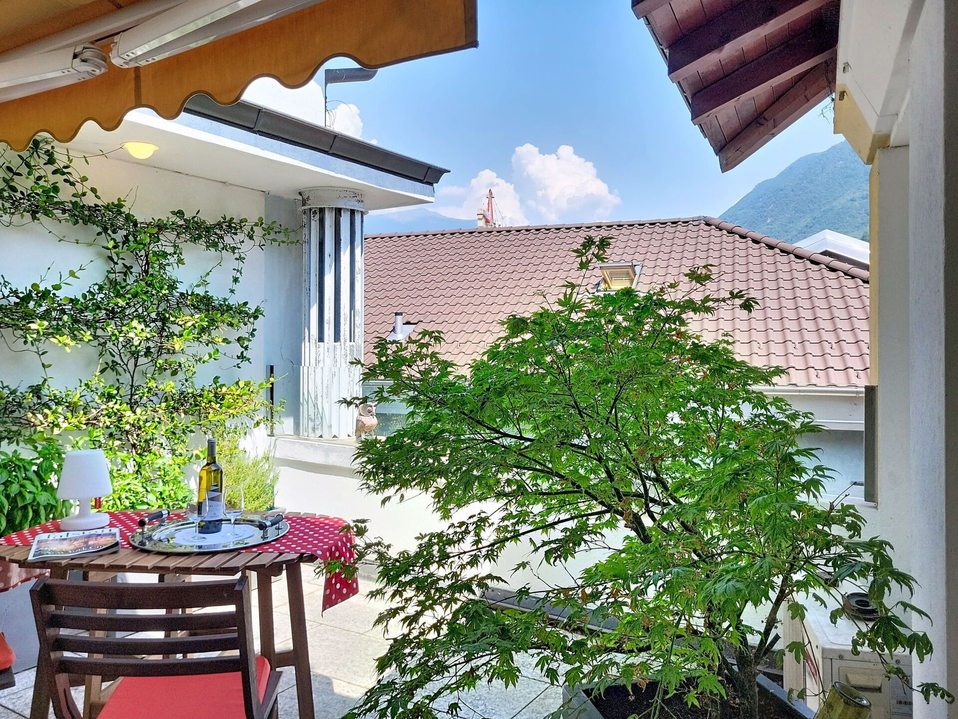 Une terrasse avec une table dressée pour le repas, entourée de verdure et offrant une vue sur une montagne.