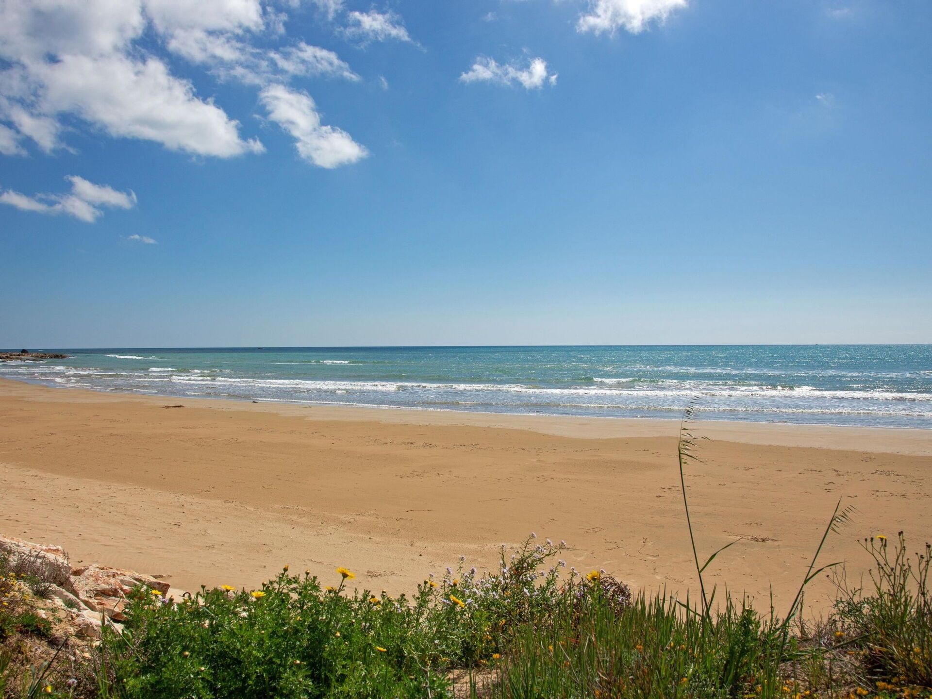 En strand med klart himmel og bølger.