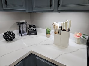 A kitchen counter with a blender, a potted plant, and a utensil holder.