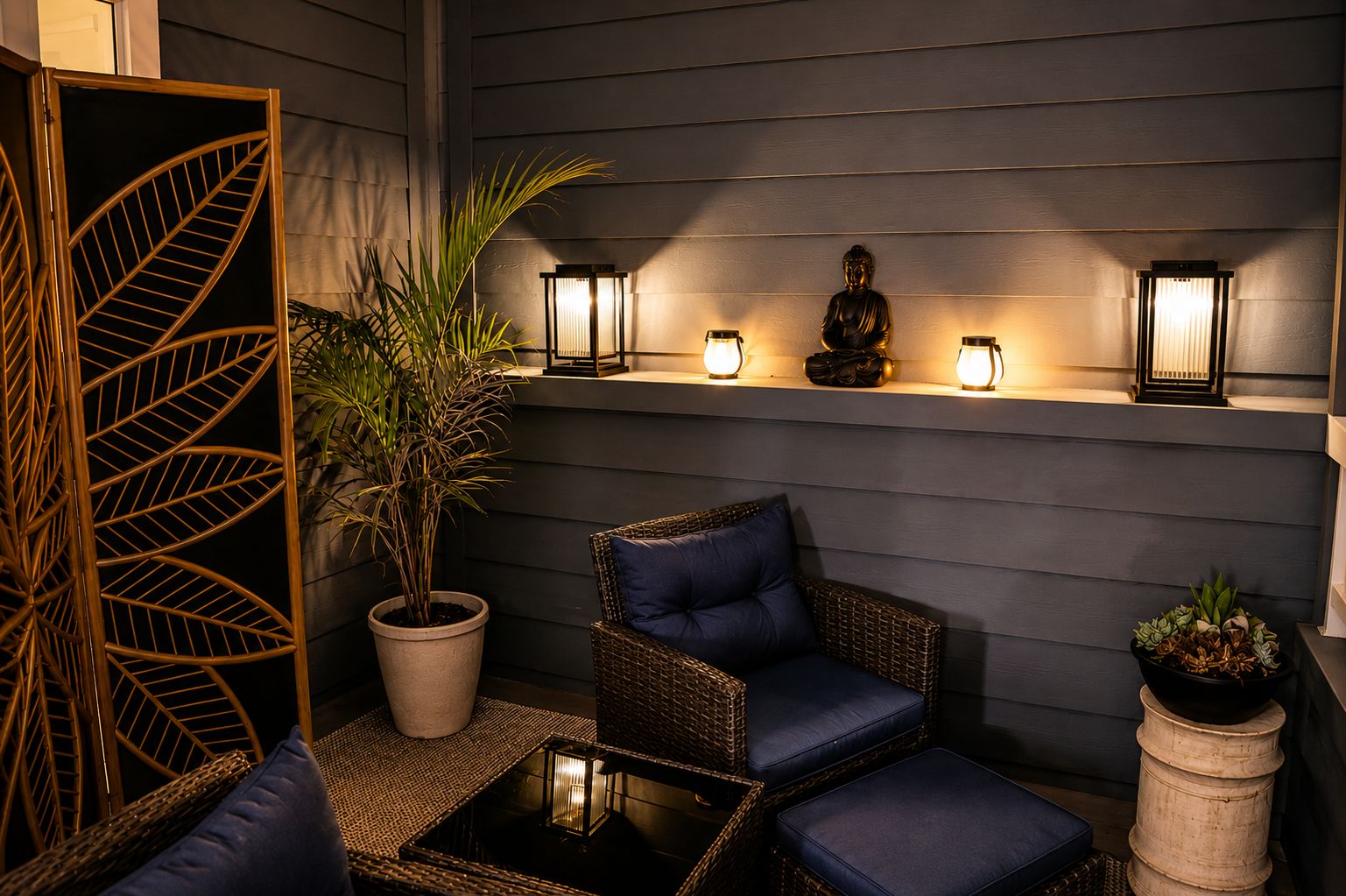 A cozy outdoor seating area with wicker furniture and potted plants.