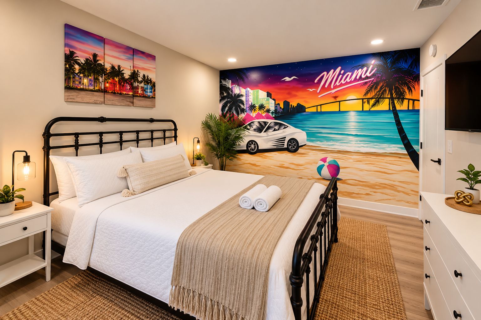 A hotel room with a bed, a nightstand, a TV, a wall mural of Miami, and a beach scene.