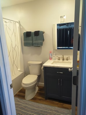 Et badeværelse med toilet, håndvask, spejl og bruseforhæng.