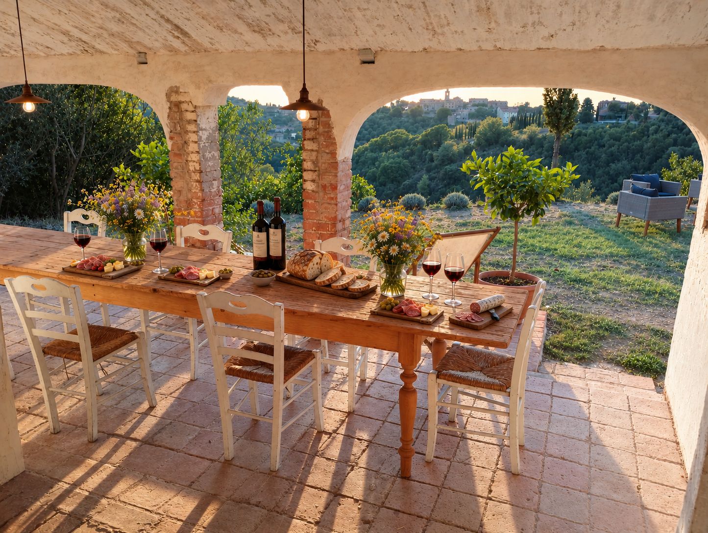 An outdoor dining area with a rustic brick table, white chairs, and a view of a village in the background.