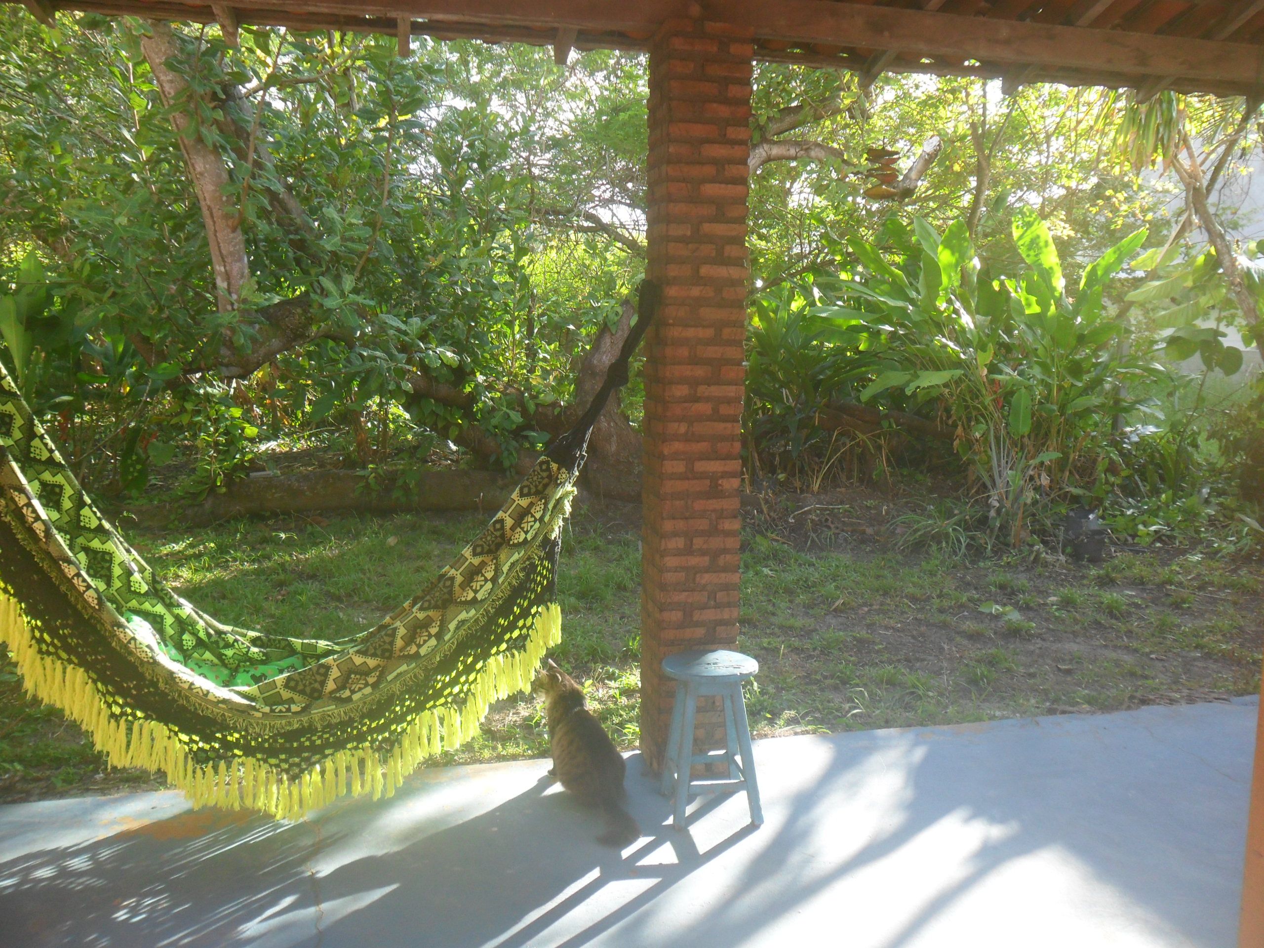 A hammock hanging between a brick pillar and a tree, with a small stool nearby.