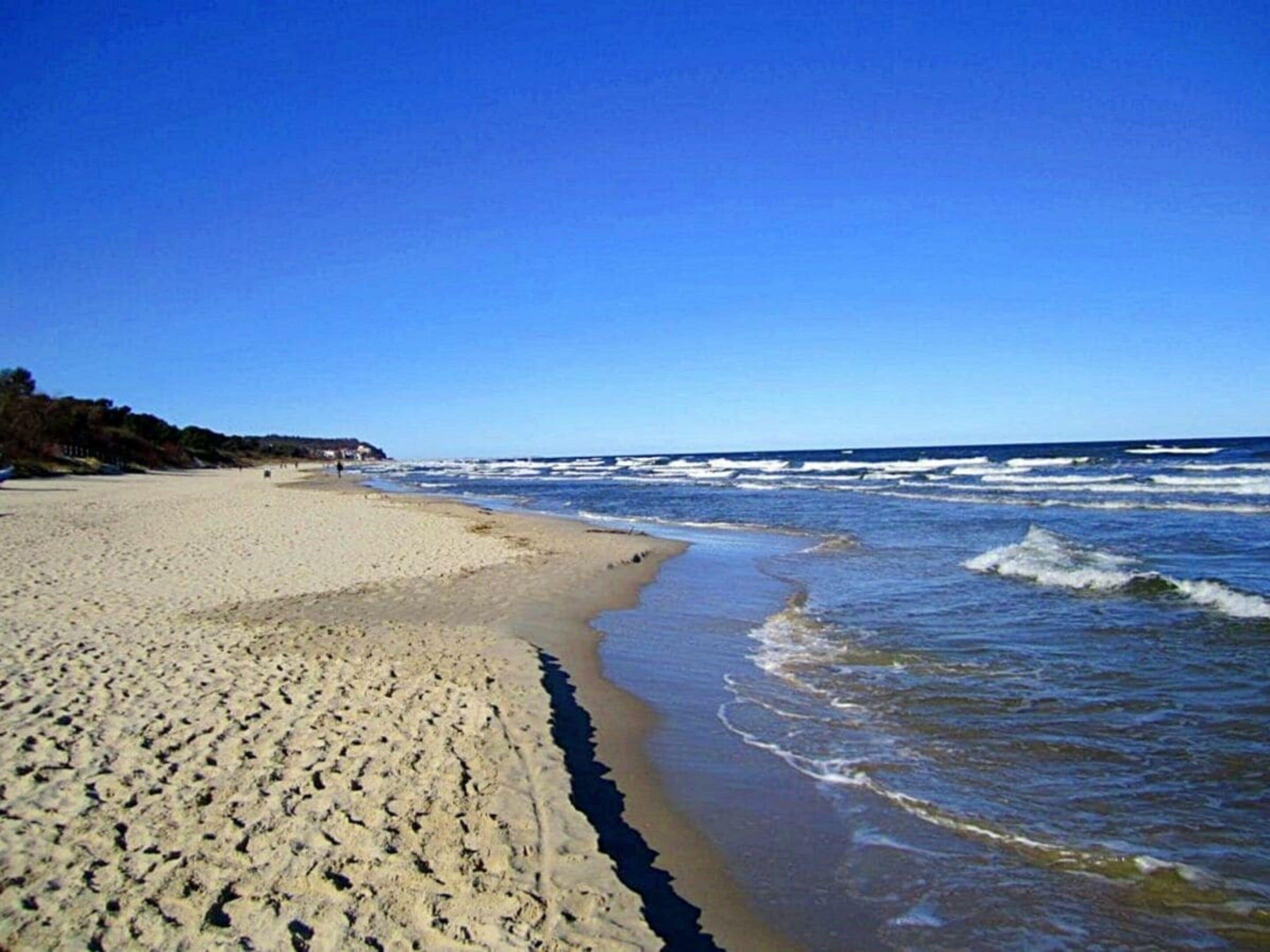 Une plage dotée d’un large rivage sablonneux, de vagues douces et d’un ciel bleu clair.