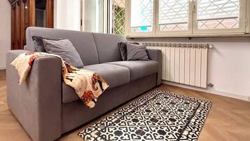 Ein modernes Wohnzimmer mit einem grauen Sofa, einem gemusterten Teppich und einem Fenster mit Blick.