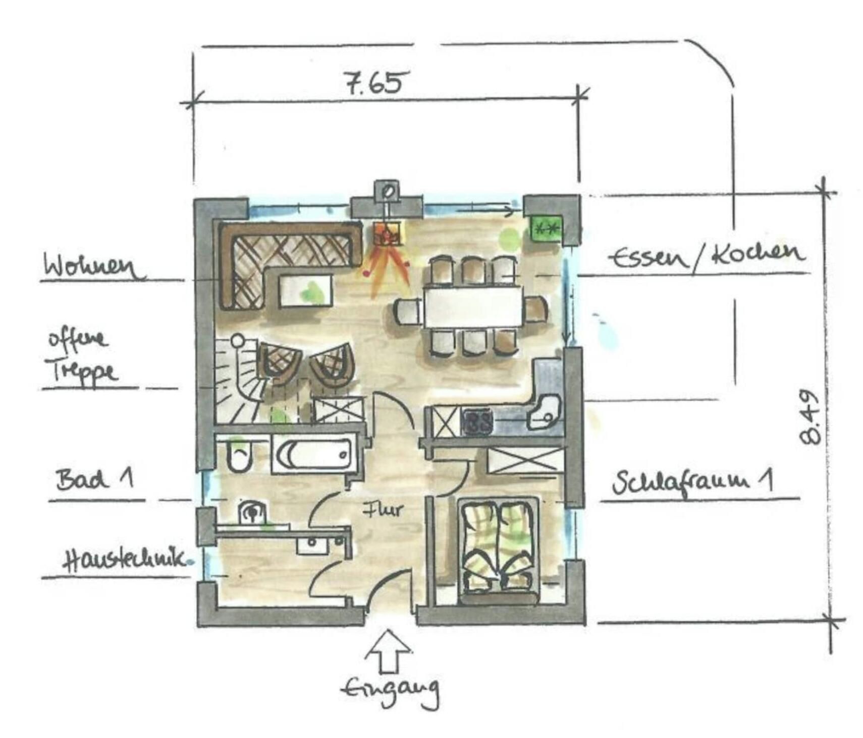 A floor plan with a living area, kitchen, bathroom, and a bedroom labeled 'Bad 1'.
