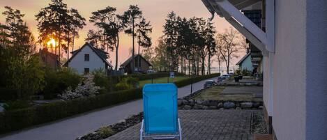 A paved outdoor area with a blue lounge chair, a pathway, and houses in the background.