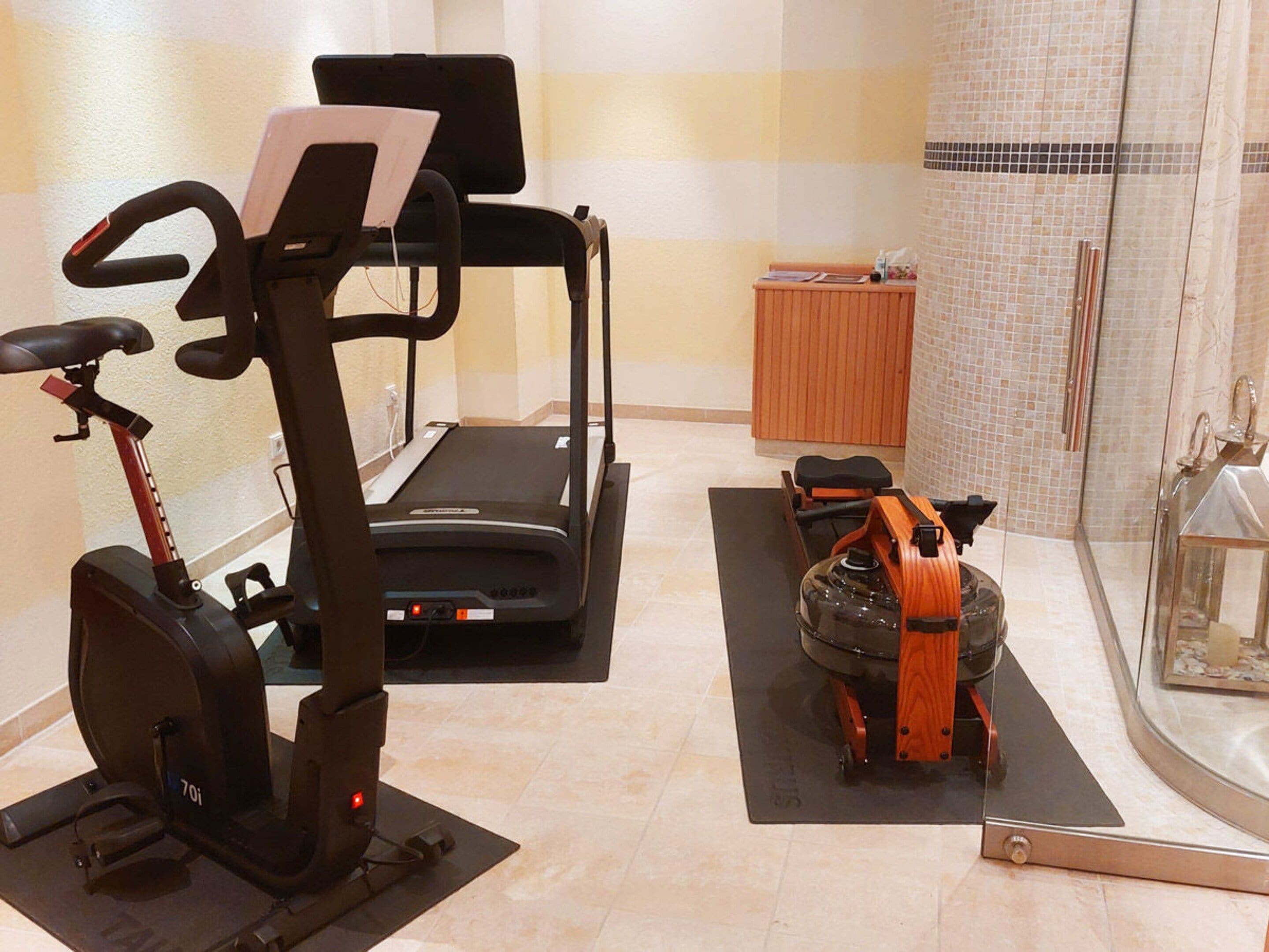 A home gym with a treadmill, stationary bike, and a rowing machine.