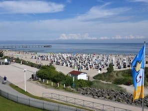 Une plage bordée de rangées de chaises longues et de parasols, avec un drapeau et une jetée en arrière-plan.